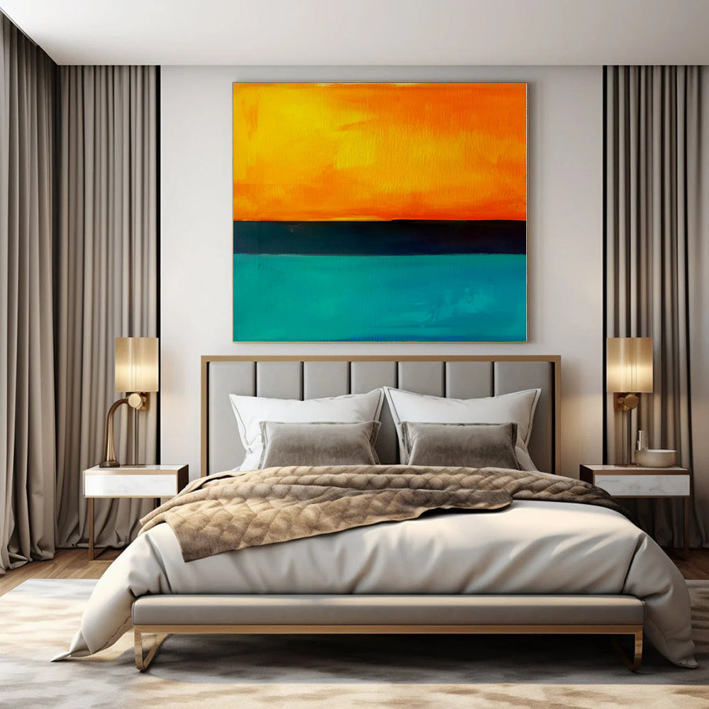Orange, Teal, Black with Horizontal Bands "Sunset Surf" Abstract Painting On Canvas PS1187