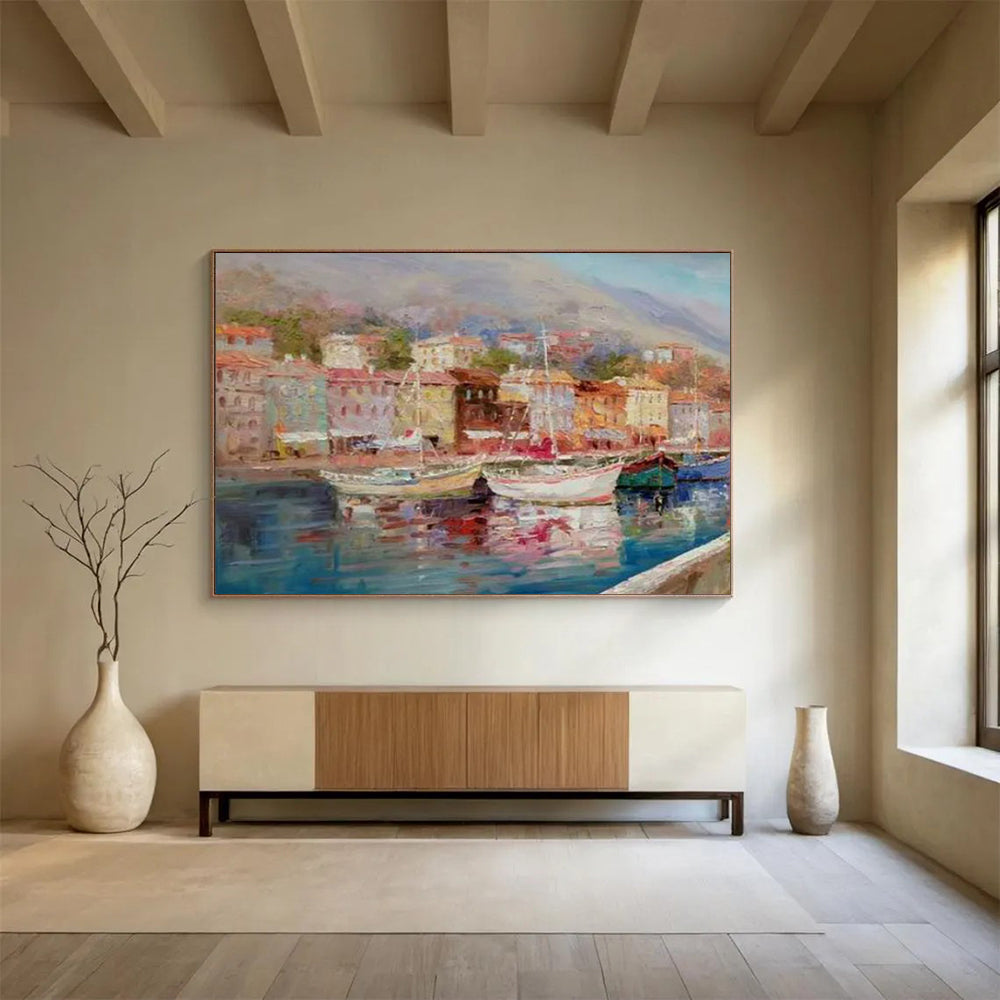 “Colorful Coastal Town with Boats” Impressionist Townscape Painting On Canvas PT1800