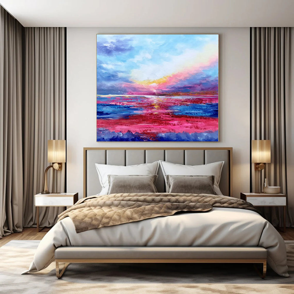 Blue, Pink, Purple, Yellow with Sunset Seascape "Sunset Symphony" Impressionist Painting On Canvas PS1318
