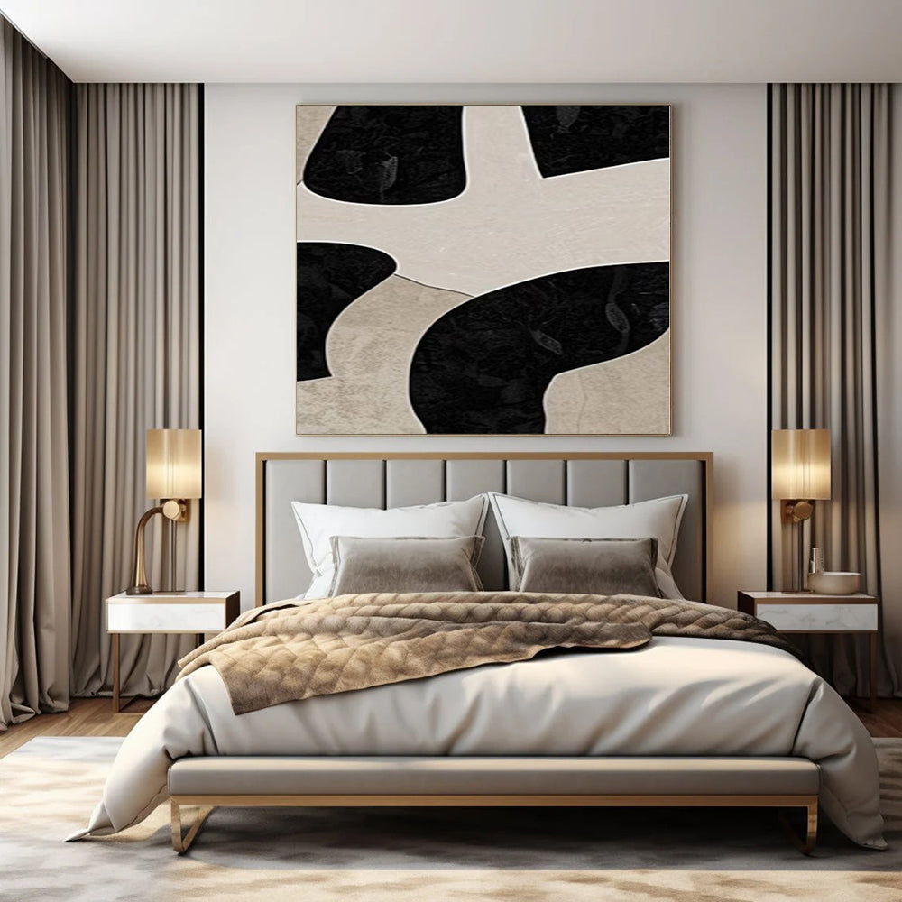 Beige and Black Organic Shapes "Mystic Puzzle" Modern Abstract Painting On Canvas PS1099
