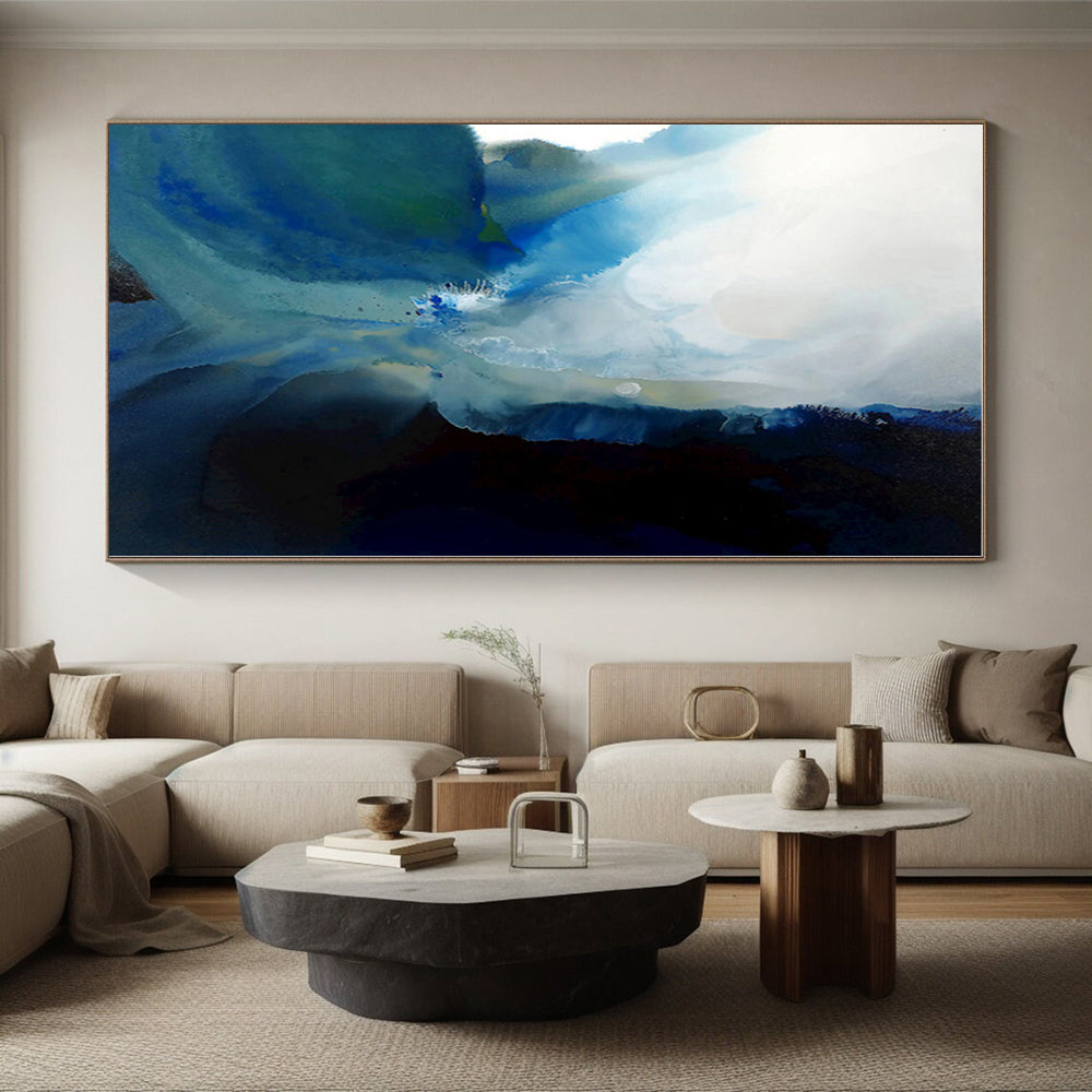 “Blue - Black Abstract Fluidity” - Blue, Black, White Abstract Fluid Painting On Canvas PS0587