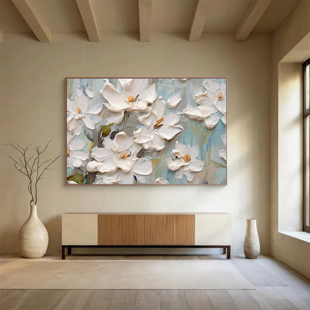 “Blossoming Serenity” - White, Green & Blue Floral, 3D - Textured Flower Acrylic Painting On Canvas DKS686