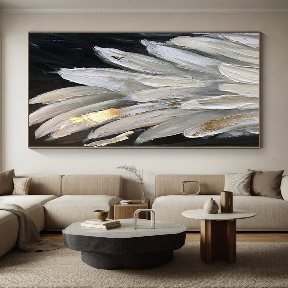 “White & Gold Feather Textures” - Textured Abstract Painting On Canvas PS0431