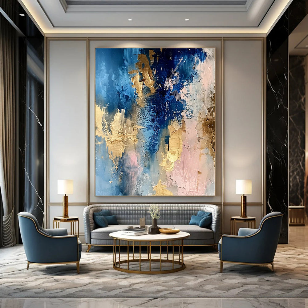 Blue - Gold - Pink Abstract Blend Textured Painting On Canvas DS072