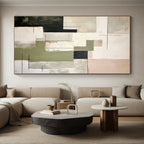 “Mixed Geometric Tones” - Green, Black, Beige Abstract Geometric Painting On Canvas PS0396