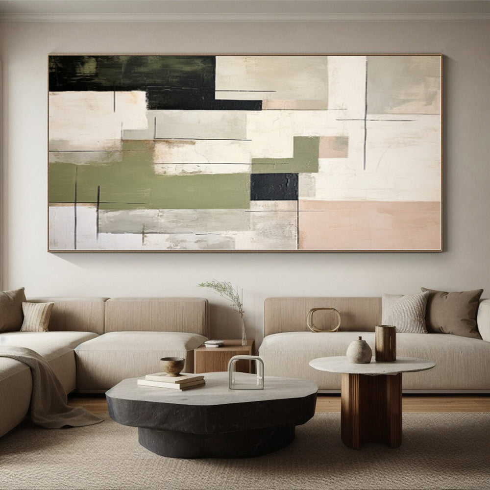 “Mixed Geometric Tones” - Green, Black, Beige Abstract Geometric Painting On Canvas PS0396