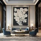 “White Blooms” - Minimalist Floral Textures on Black Painting On Canvas DS140