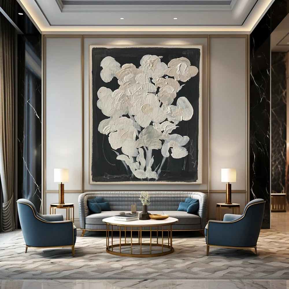 “White Blooms” - Minimalist Floral Textures on Black Painting On Canvas DS140