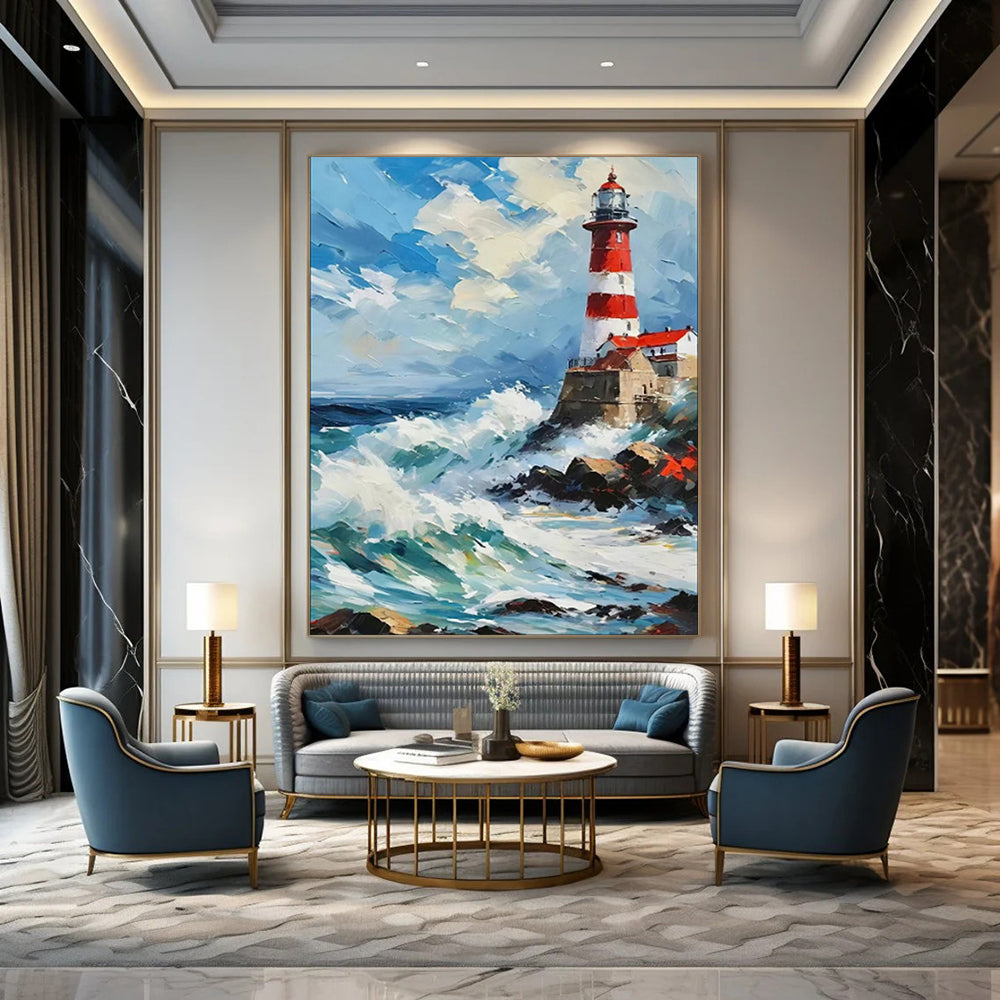 “Impasto Lighthouse in Stormy Seas” - Impasto Maritime Painting On Canvas PT1892