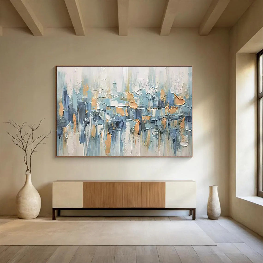 “Urban Rhythms” - Blue, Gray & Orange Abstract Cityscape, Textured City Oil Painting On Canvas DKS685