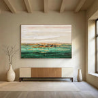 Teal Gold Repeat: Teal, Gold & Beige Abstract Landscape Painting for Coastal Villa & Relaxation Lounge DKS648