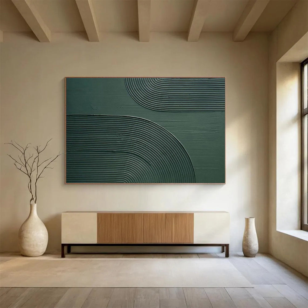 “Textured Green Arcs” - Green Abstract, Tactile Plaster - Style Painting On Canvas DKS752