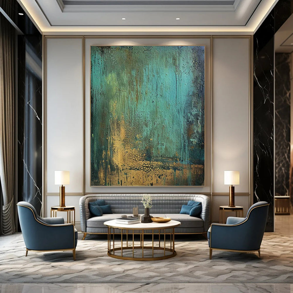“Teal - Gold Textured Fusion” - Textured Abstract Painting On Canvas PT1194