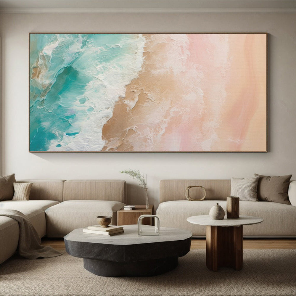 “Pastel Sea Waves” - Pink, Peach, Turquoise, White Abstract Seascape Painting On Canvas PS0751