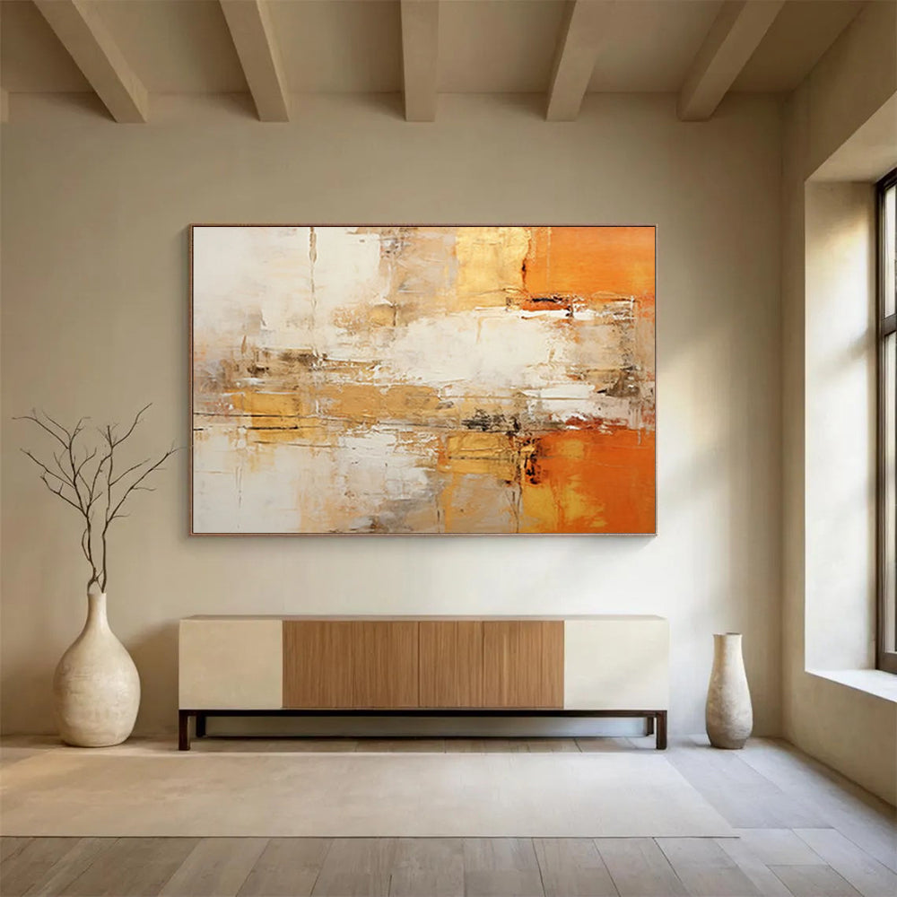 “Warm Orange and Beige Abstract Layers” - Impasto Abstract Painting On Canvas PT096