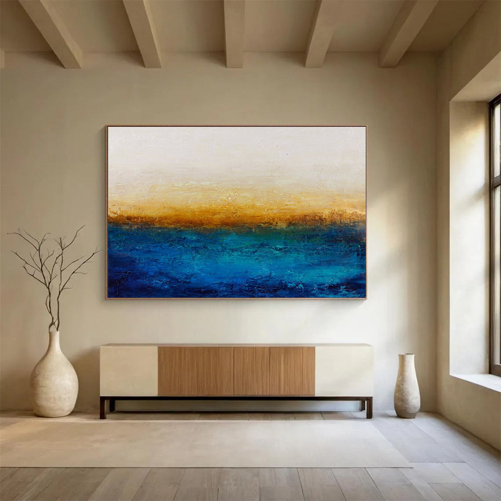 “Blue - Gold Horizon” - Abstract, Minimalist - Styled Painting On Canvas DKS007