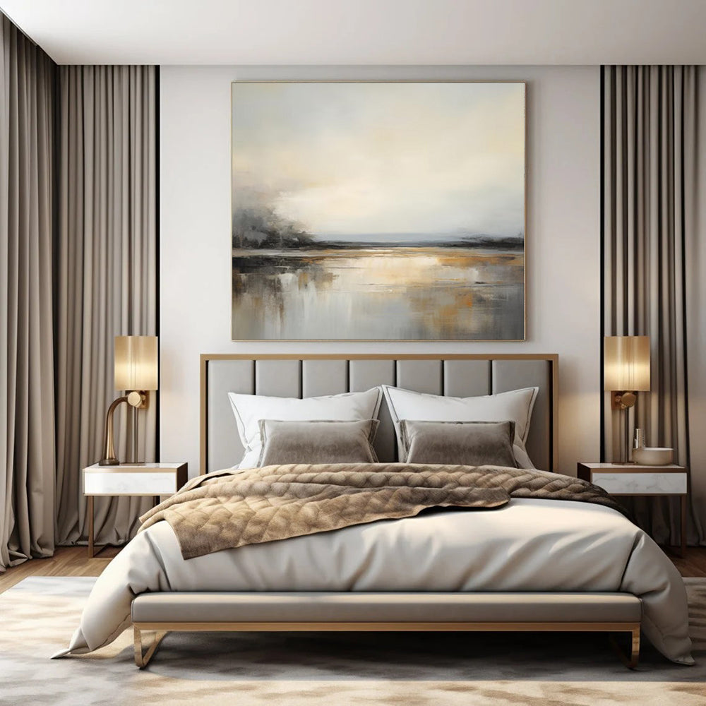 Gray, Beige, Gold with Reflective Landscape "Muted Reflections" Landscape Painting On Canvas PS1284