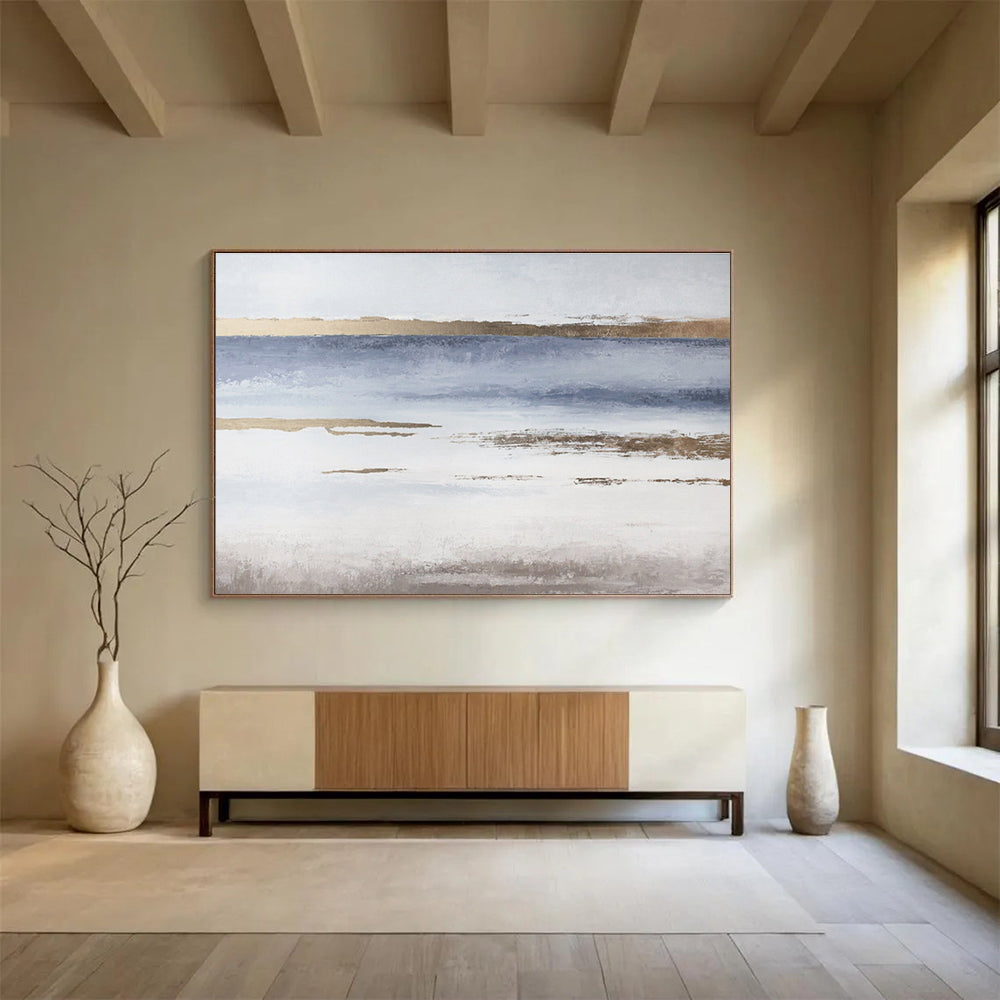 Blue and Gold Coastal Abstract Minimalist Seascape Painting On Canvas DKS135
