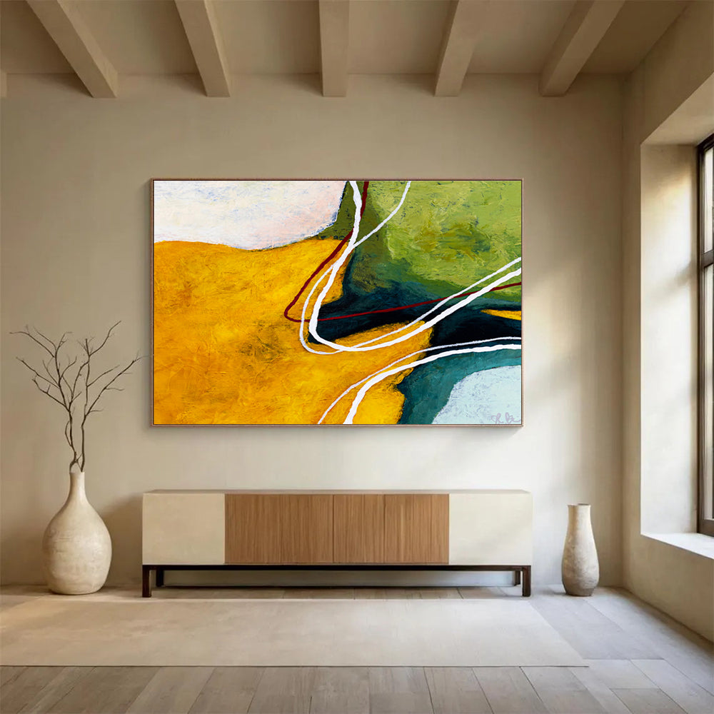 “Yellow, Green And Curved Lines Abstract” - Abstract Painting On Canvas DKS551