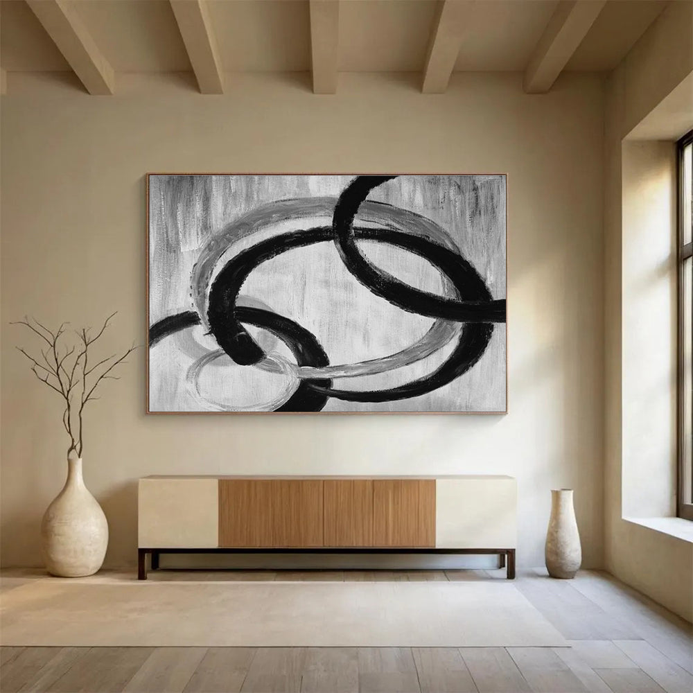 Monochrome Intertwined Rings Abstract Painting On Canvas DKS175