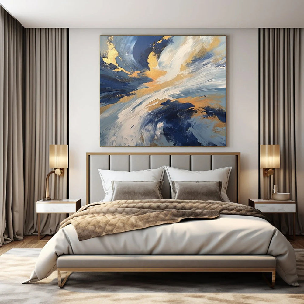 Blue, Gold, White with Dynamic Swirls "Gilded Tempest" Abstract Painting On Canvas PS1265