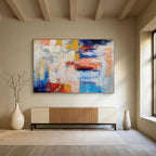Color Clash: Blue, Yellow, Red & Gray Abstract Expressionist Painting for Art Gallery & Creative Hub DKS646