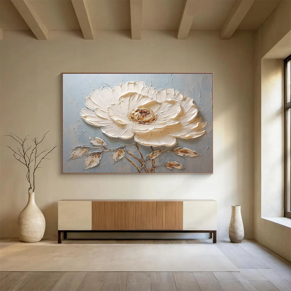 “Single White Peony Relief” - Mixed - Media Floral Painting On Canvas PT175