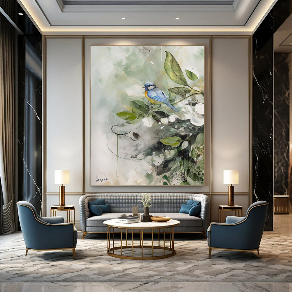 “Bird in Floral Watercolor” - Whimsical Nature Watercolor Painting On Canvas PT1085