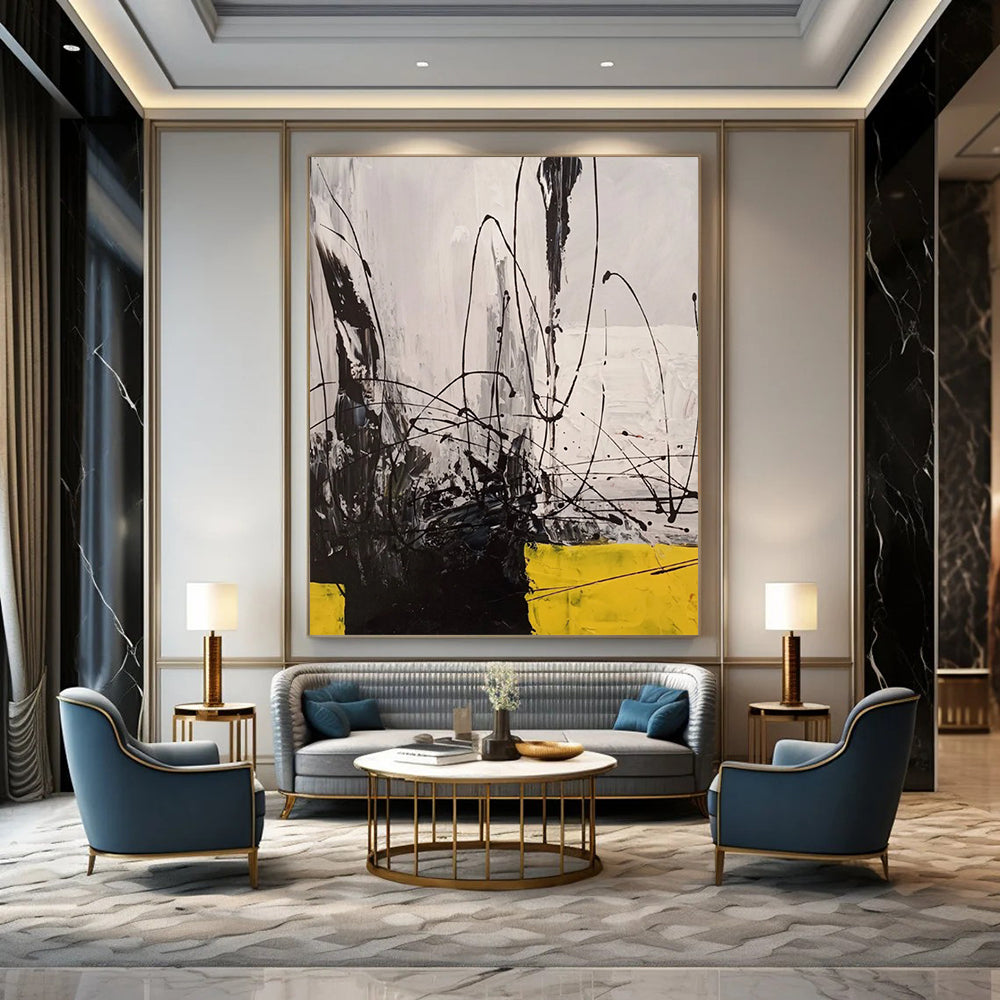 Black - White - Yellow Dynamic Lines Abstract Expressionist Painting On Canvas DS053
