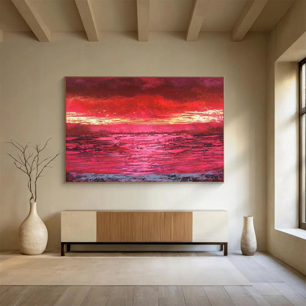 “Vibrant Red Sunset Over Water” Landscape Painting On Canvas DKS191