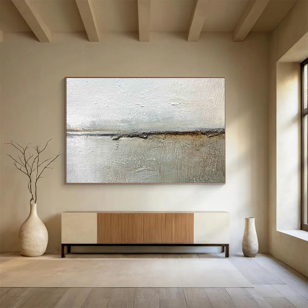 “Textured Neutral Divide” - Gray, Brown & White Abstract, Mixed - Media Painting On Canvas DKS754