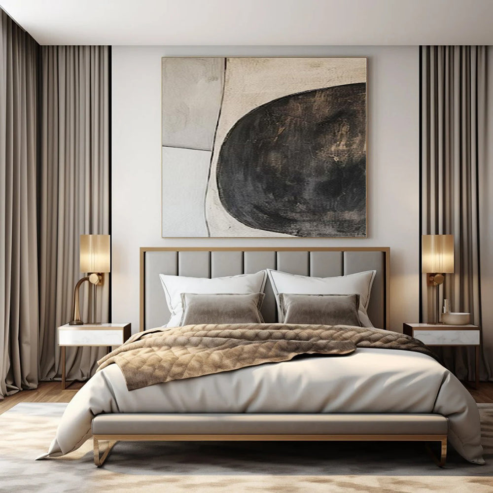 Beige, Black and White with Circular and Linear Forms "Earthy Balance" Abstract Painting On Canvas PS1110