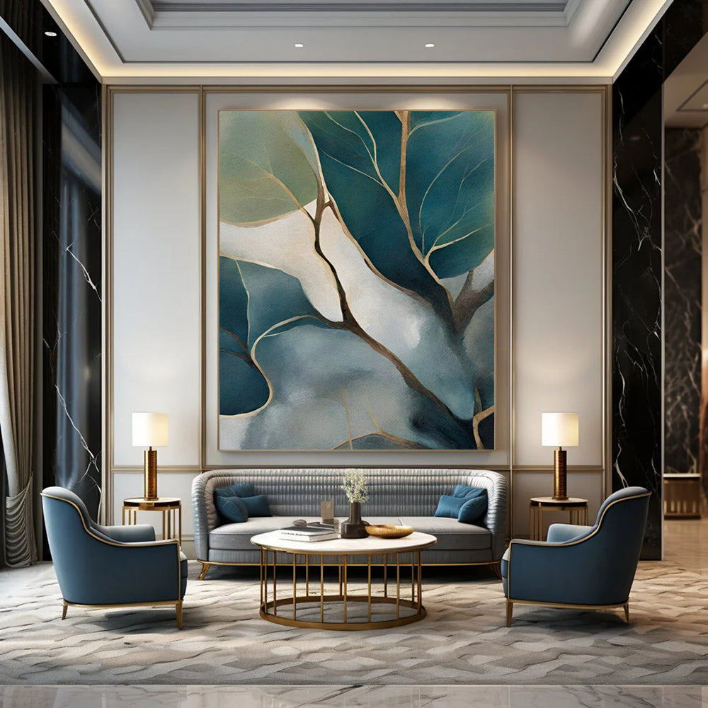 “Teal and Gold Leafy Branches” - Botanical Watercolor - Style Painting On Canvas PT2253