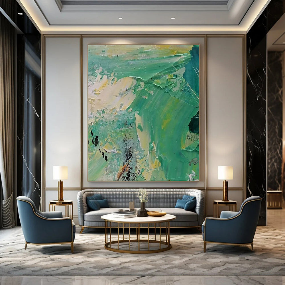 “Green - Yellow Abstract Textures” - Palette - Knife Abstract Painting On Canvas PT1270
