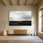 “Black - White Minimalist Horizon” - Monochromatic Calm “Nightfall Shore” Painting On Canvas PT1666
