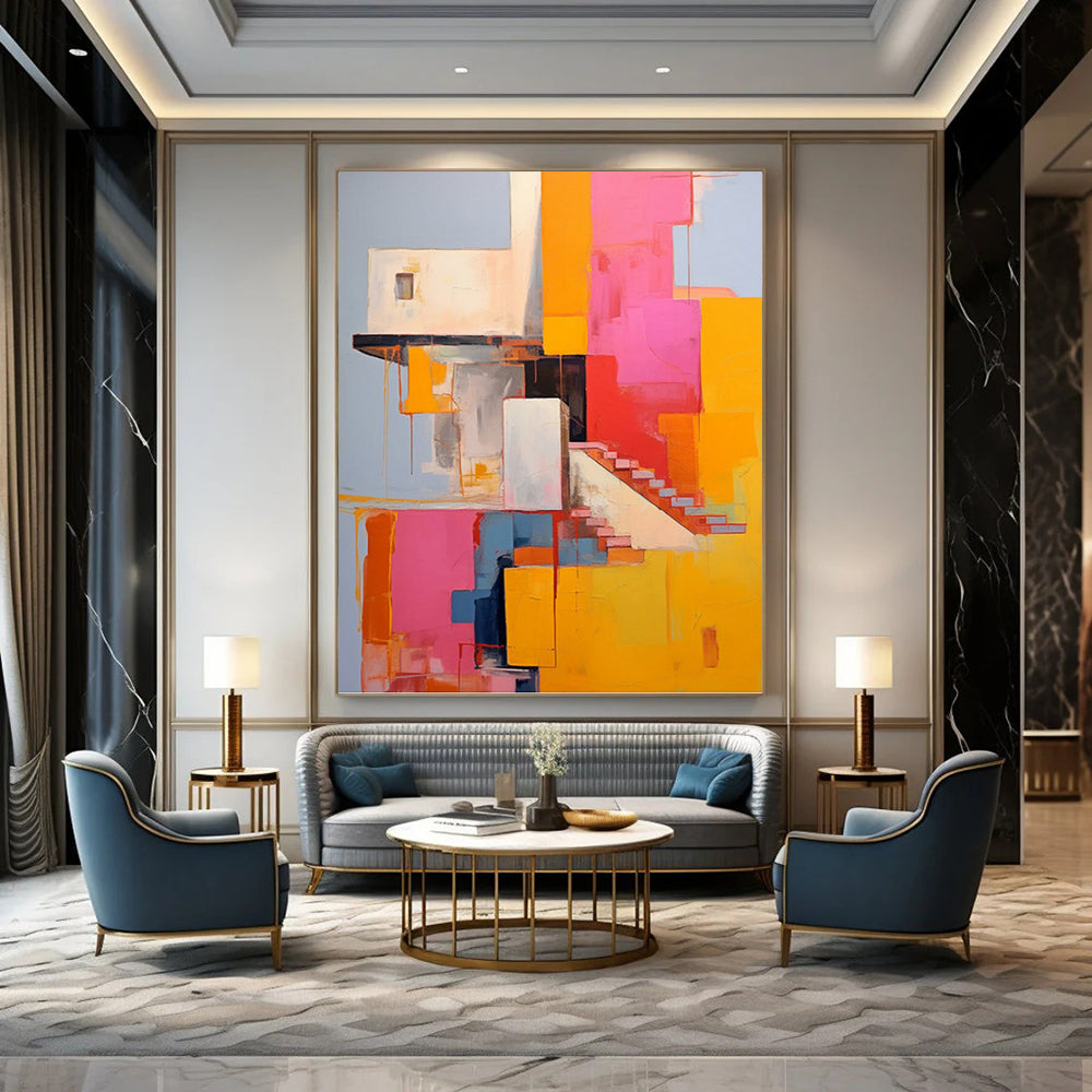 “Colorful Architectural Abstract” - Cubist - Inspired Painting On Canvas PT1323