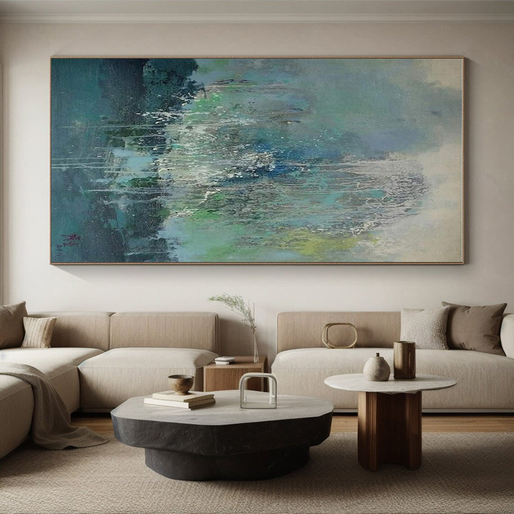 “Waterfall Of Colors” - Blue, Green, White Abstract Drip Painting On Canvas PS0638