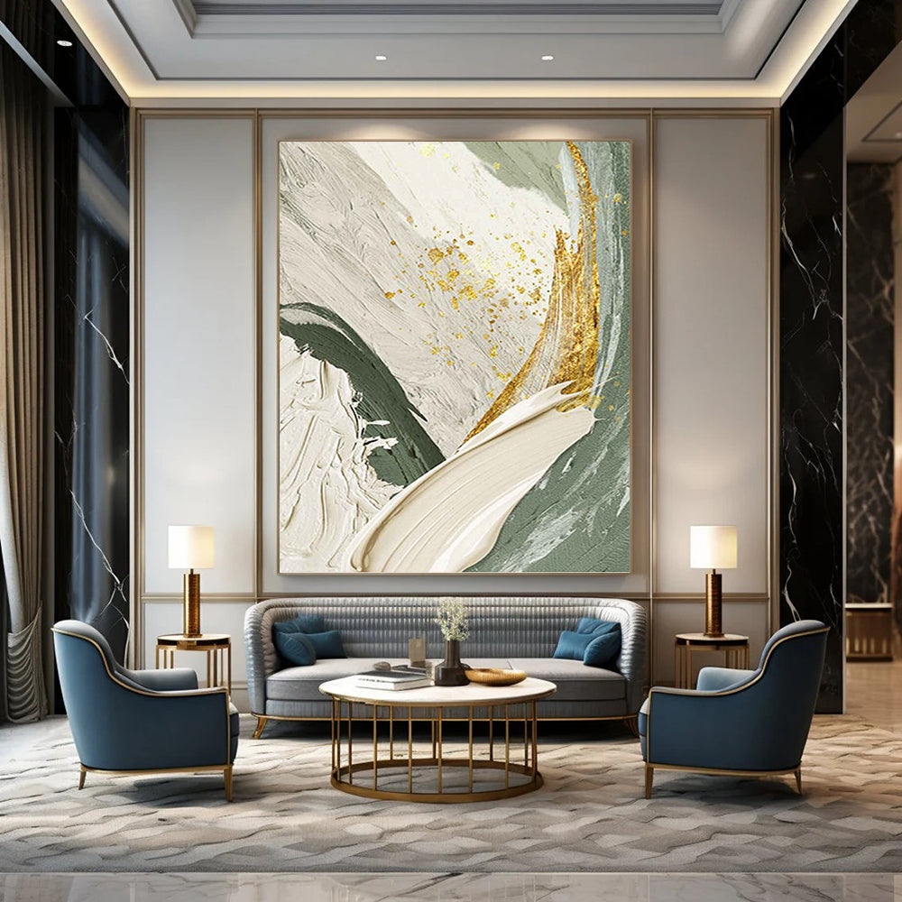 “Green and Gold Abstract” - Luxurious, Abstract Painting On Canvas PT1495