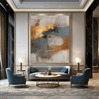 “Gold & Blue Abstract” - Warm Metallic & Cool Tones Painting On Canvas DS136