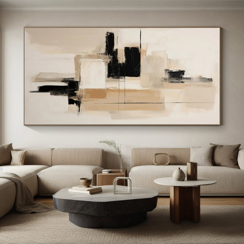 “Black - Beige Minimalist Abstraction” - Black, Beige Abstract Painting On Canvas PS0530