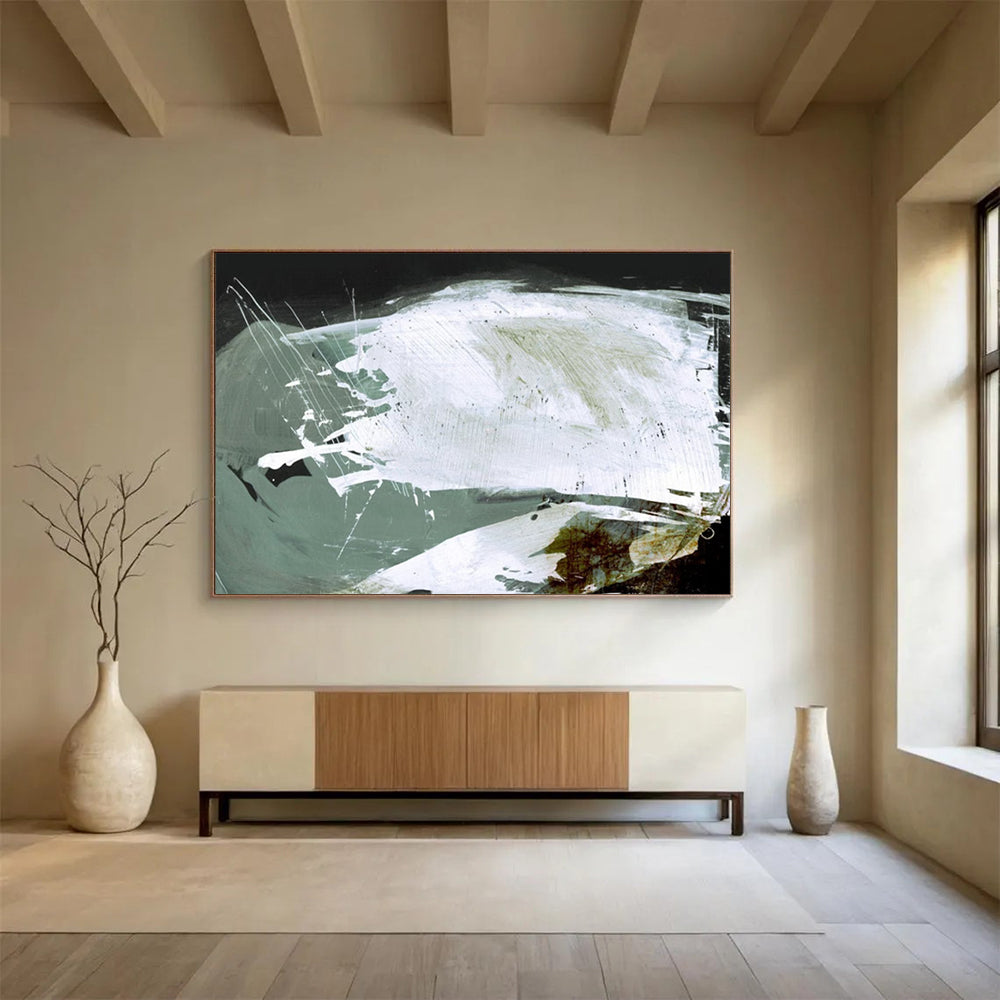 “Dynamic White and Green Abstract” - Expressive Abstract Painting On Canvas PT133