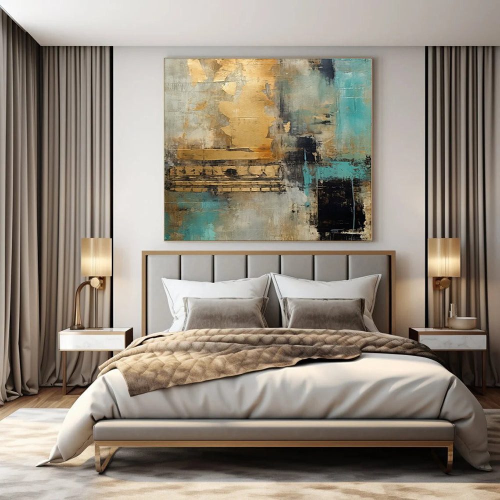 Gold, Teal, Gray with Textured Layers "Gilded Teal Dream" Abstract Painting On Canvas PS1281