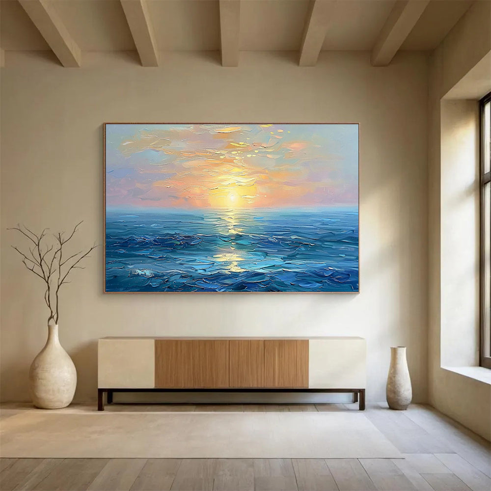 “Serene Sunset Sea” - Blue, Orange & Yellow Seascape, Expressive Oil Painting On Canvas DKS767