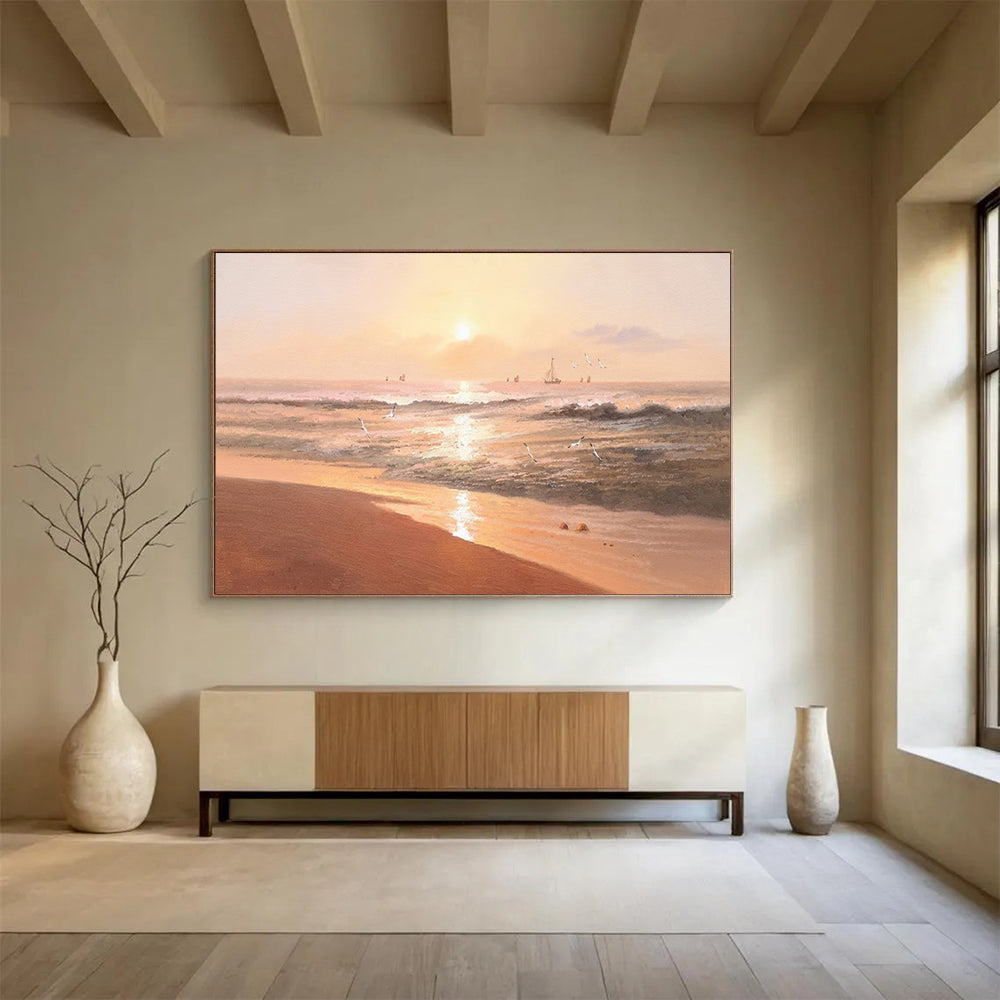 “Orange - Gold Sunset Beach” - Impressionistic Landscape Painting On Canvas PT264
