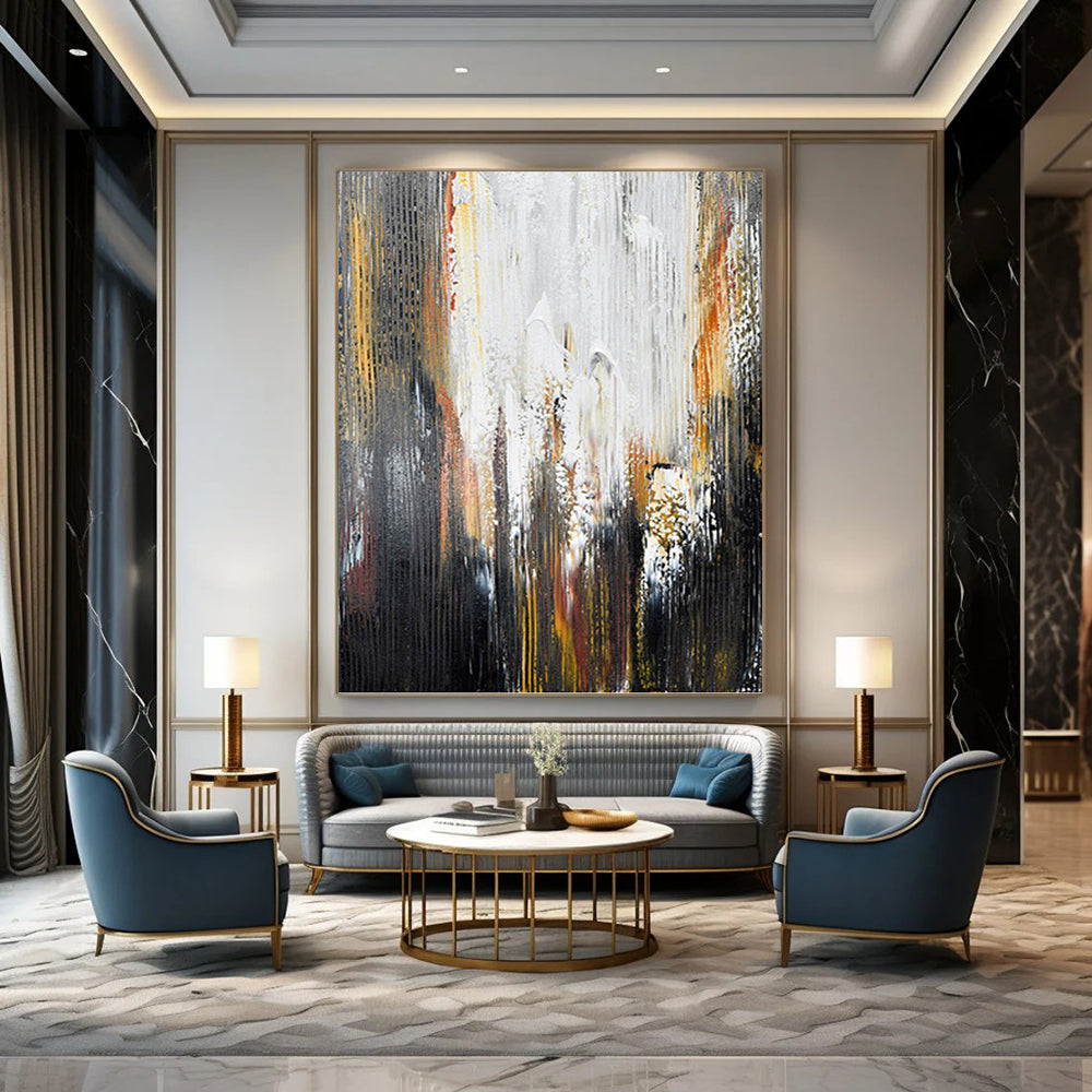 “Grey - White - Gold Abstract Streaks” - Abstract Expressionist Painting On Canvas PT1229