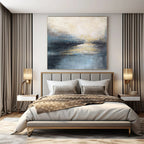 Blue, Gray, Beige and Gold with Subtle Light Reflections "Dawn’s Whisper" Abstract Landscape Painting On Canvas PS1155