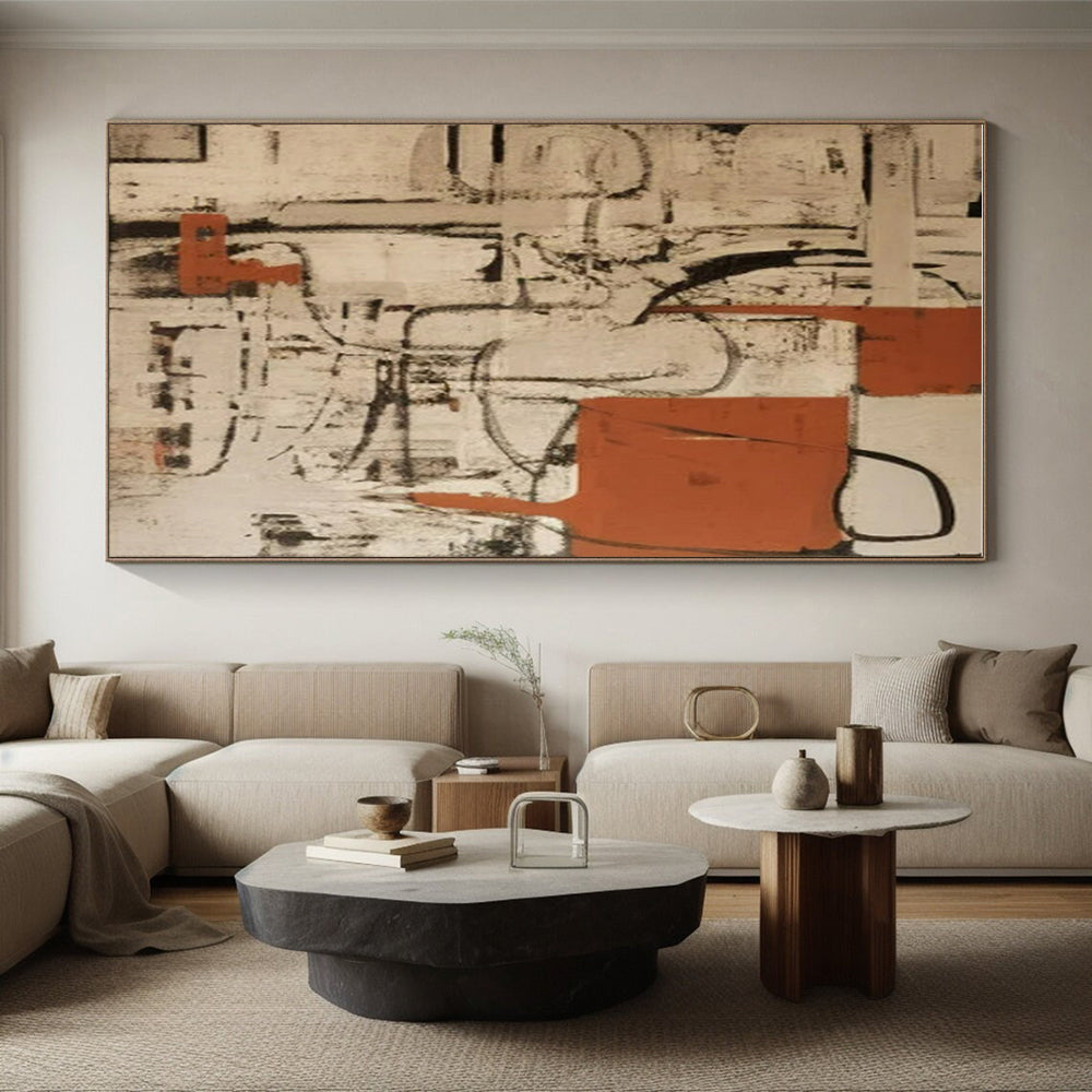 “Beige - Black - Orange Abstract Geometric Web” Painting On Canvas PS0835