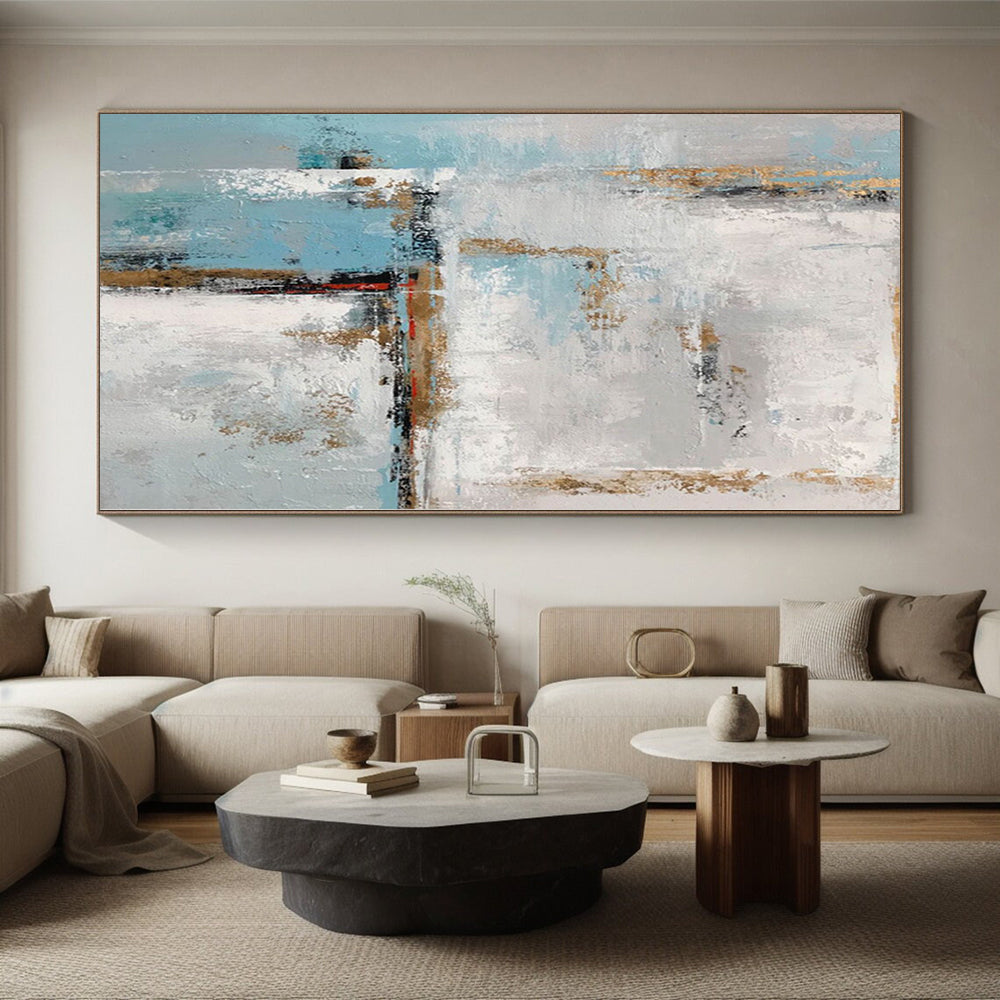 “Blue - Grey - Gold Abstract Geometric Forms” Painting On Canvas PS0375