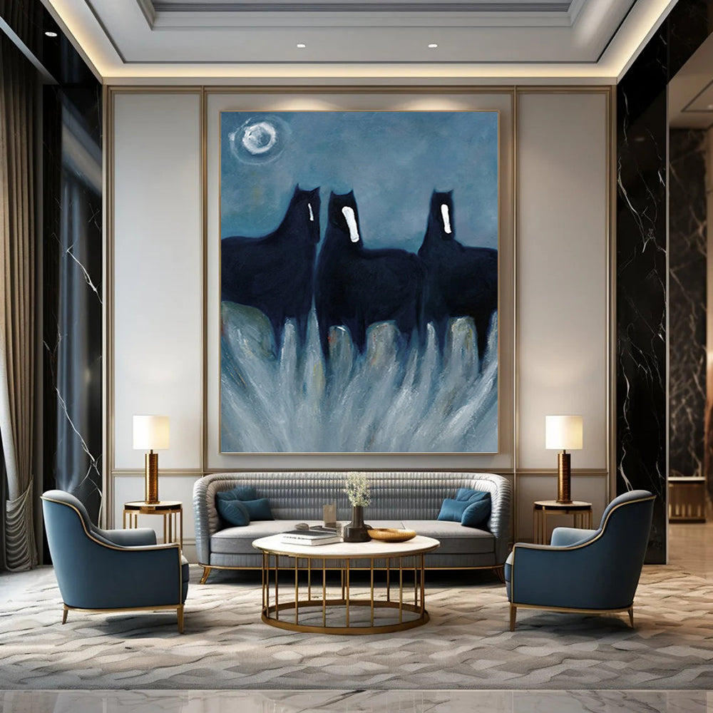 “Mystical Black Horses” - Expressionist - Inspired Animal Painting On Canvas PT1444