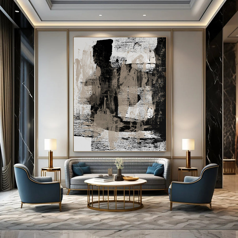 “Monochrome Textures II: Black, White, and Beige Abstract” - Dynamic Minimalist Art On Canvas PT0967
